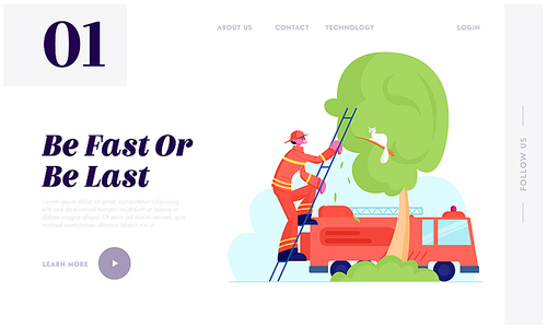 Firefighter Rescuer Occupation Website Landing Page. Brave Fireman in Red Protective Uniform and Helmet Climbing Up Truck Ladder to Save Cat from Tree Web Page Banner. Cartoon Flat Vector Illustration