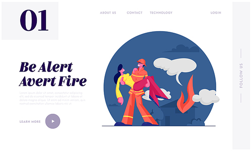 Fireman Saving Girl from Fire Website Landing Page. Strong Firefighter in Protective Costume and Helmet Hold Woman on Hands Carry Out of Burning House Web Page Banner. Cartoon Flat Vector Illustration