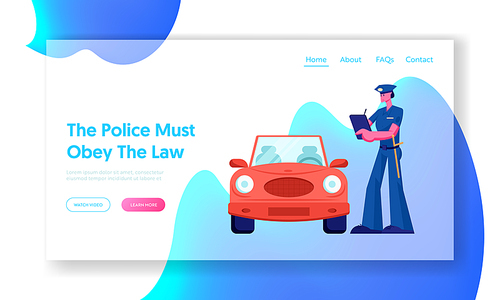 Police Officer Write Fine Website Landing Page. Law Protection, Car Traffic Inspector, Safety Control, High Speed Traffic Violation, Policeman Work Web Page. Cartoon Flat Vector Illustration, Banner