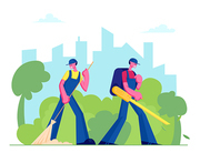 Janitors Male and Characters Street Cleaners Sweeping Lawn and Blowing Out Fallen Colorful Leaves in City Park Landscape Background. Autumn Cleaning Service Activity Cartoon Flat Vector Illustration