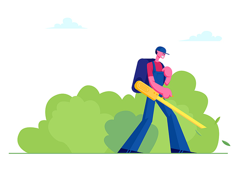 Man Janitor in Uniform with Big Backpack Blowing Autumn Leaves Away with Leaf Blower, Male Character Cleaning Street from Fallen Foliage in Fall Time. Social Service Cartoon Flat Vector Illustration
