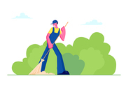 Cleaning Service Activity Concept. Janitor Female Character Street Cleaner Holding Broom Sweeping Lawn from Fallen Colorful Leaves in City Park Landscape Background. Cartoon Flat Vector Illustration