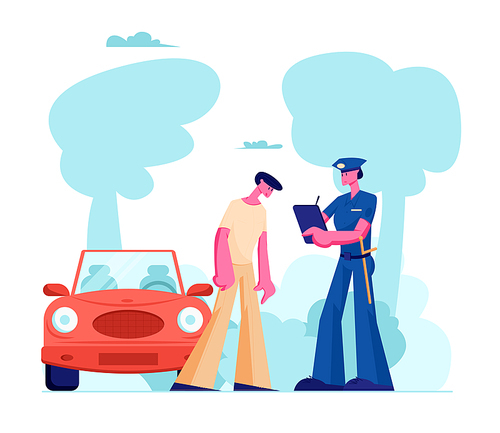 Police Officer Character in Uniform Write Fine on Road to Intruder. Law Protection, Car Traffic Inspector, Safety Control, High Speed Traffic Violation, Policeman Work Cartoon Flat Vector Illustration