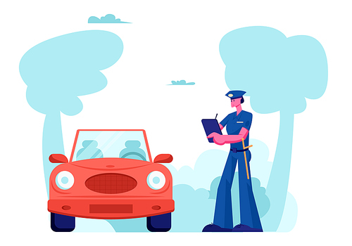 Police Officer Character Stand near Auto Write Fine on Road. Law Protection, Car Traffic Inspector Safety Control, High Speed Traffic Violation, Policeman Car Accident Cartoon Flat Vector Illustration