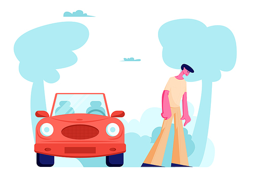 Upset Driver Male Character Stand at Car after Accident or Breakdown. Man on Roadside at Crashed Automobile. Intruder, Safety Control, High Speed Traffic Violation, Cartoon Flat Vector Illustration