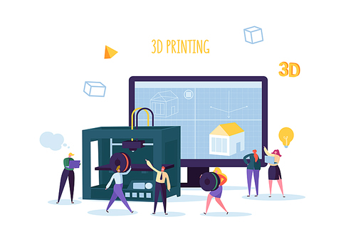 3D Printing Technology Concept. 3D Printer Equipment with Flat People Characters and Computer. Engineering and Prototyping Industry. Vector illustration