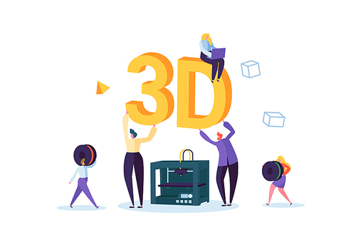 3D Printing Technology Concept. 3D Printer Equipment with Flat People Characters and Computer. Engineering and Prototyping Industry. Vector illustration