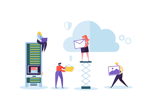 Cloud Storage Technology. Man and Woman Working Together Sharing Data Information Transfer Folders. Vector illustration