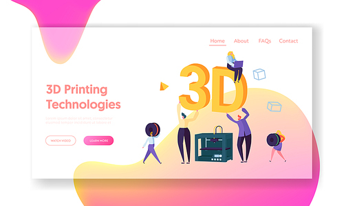 3D Printing Machine Technology Landing Page. People Help to Improve Manufacturing Process Printer. Woman Develop Future Print Program for Website or Web Page. Flat Cartoon Vector Illustration
