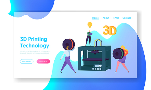 3D Printing Technology Concept Website Template. People carry Print Material Spool to Printer. Engineer on Machine hold Laptop, have Idea Lightbulb Landing Page Flat Cartoon Vector Illustration