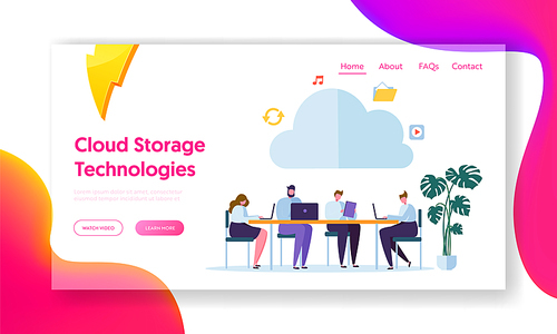 Cloud Computing Technology Landing Page. Team with Gadget Download, Upload Information on Memory Service. Storage Info Symbol Concept for Website or Web Page Flat Cartoon Vector Illustration