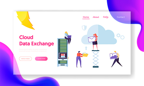 Secure Cloud Storage Info Exchange Landing Page. People Transmit Information, Image to Memory Service. Woman on Hosting Optimize Data Transfer Concept for Website Flat Cartoon Vector Illustration