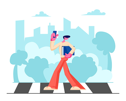 Young Handsome Man in Fashioned Clothing with Smartphone and Documents Folder in Hands Walking along Crosswalk in Big Busy City, Dweller Lifestyle, Spare Time, Traffic Cartoon Flat Vector Illustration