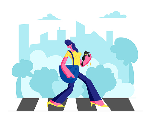 Young Adorable Woman in Fashioned Dress with Little Dog in Hands Walking along Crosswalk in Big Busy Metropolis, Girl City Dweller Lifestyle, Spare Time, Traffic. Cartoon Flat Vector Illustration