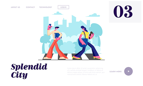 Woman with Dog and Man with Phone Walking Crosswalk in Metropolis, City Dwellers Lifestyle, Hurry at Work, Traffic, Weekend. Website Landing Page, Web Page. Cartoon Flat Vector Illustration, Banner