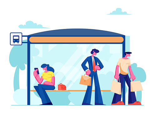 People Stand on Bus Station. Woman Sitting on Bench Reading Messages on Smartphone, Businessman Watching on Watches, Man with Shopping Bags, City Transport, Citizen Cartoon Flat Vector Illustration