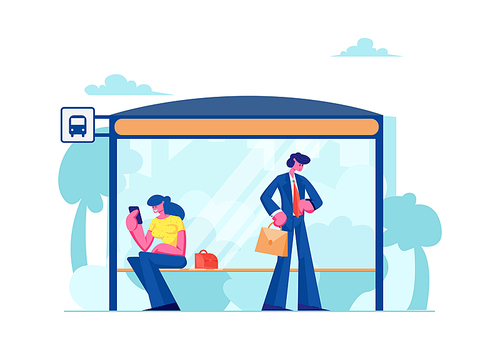 People Stand on Bus Station. Woman Sitting on Bench Reading Messages on Smartphone, Businessman Watching on Watches, Citizen Characters Waiting Public City Transport Cartoon Flat Vector Illustration