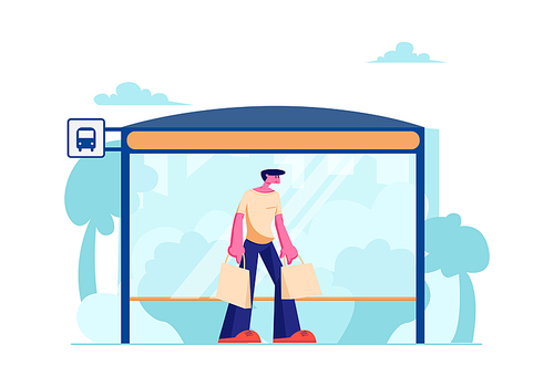 Young Man with Shopping Bags Stand on Bus Station with Bench Waiting Public City Transport. Transportation Service, Citizen on Bus Stop, Traffic, Dweller Lifestyle Cartoon Flat Vector Illustration