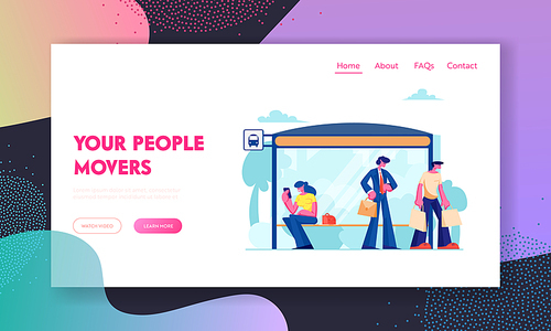 City Transport Website Landing Page, People Stand on Bus Station. Woman Sitting on Bench, Businessman Watching on Watches, Man with Bags, Citizen Web Page. Cartoon Flat Vector Illustration, Banner