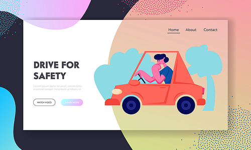 Driver Riding Auto Website Landing Page, City Traffic, Man Driving Red Car, Transport on Speedway, Urban Male Character Riding Automobile in Town Web Page. Cartoon Flat Vector Illustration, Banner
