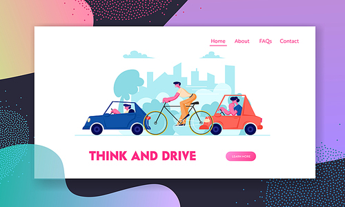 City Traffic Website Landing Page, People Driving Different Transport as Cars and Bicycle on Road, Cycle and Automobiles on Cityscape Background, Web Page. Cartoon Flat Vector Illustration, Banner