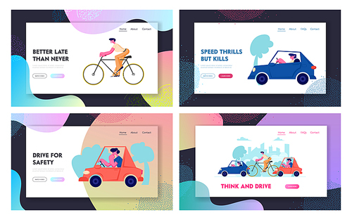 City Traffic Website Landing Page Set, People Driving Different Types of Transport as Cars and Bicycle on Road, Cycle and Automobiles Transportation Web Page. Cartoon Flat Vector Illustration, Banner