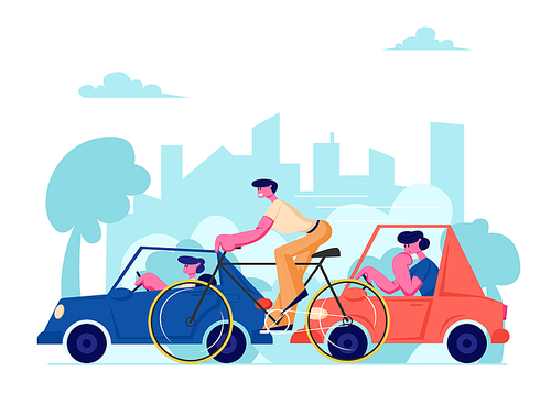City Life Traffic. People Driving Different Transport as Cars and Bicycle on Speedway. Male Characters Riding Cycle and Automobiles on Urban Cityscape Background. Cartoon Flat Vector Illustration