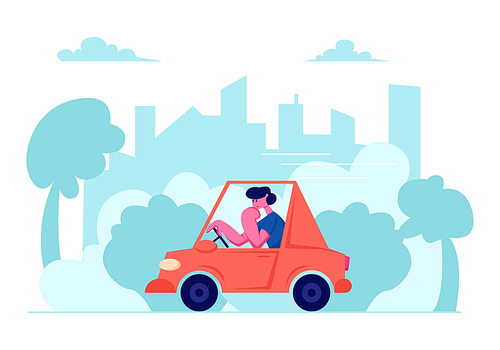City Traffic, Man Driving Car on Urban Cityscape Background, Transport on Speedway, Character Dweller Riding Red Sedan Automobile, Citizen Life, Rout, Transportation Cartoon Flat Vector Illustration