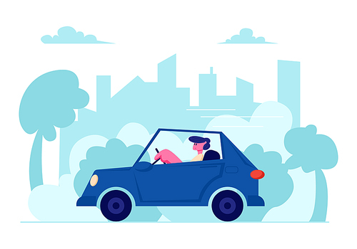 City Transportation, Traffic, Route, Man Dweller Driving Car on Urban Cityscape Background, Transport on Speedway, Character Riding Blue Sedan Automobile Citizen Life Cartoon Flat Vector Illustration