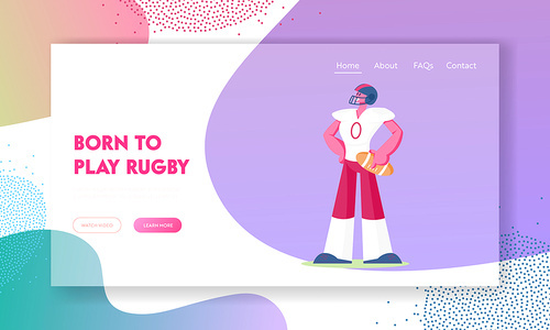 Rugby Sports Competition Website Landing Page. American Football Player in Professional Uniform Helmet Hold Ball Standing with Arms Akimbo on Stadium Web Page Banner. Cartoon Flat Vector Illustration