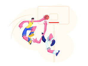 Basketball Players in Action. Attack Man Putting Ball into Basket, Defender Preventing. Sport Team Presenting on Professional Tournament. Sportsman Score Goal in Game. Cartoon Flat Vector Illustration