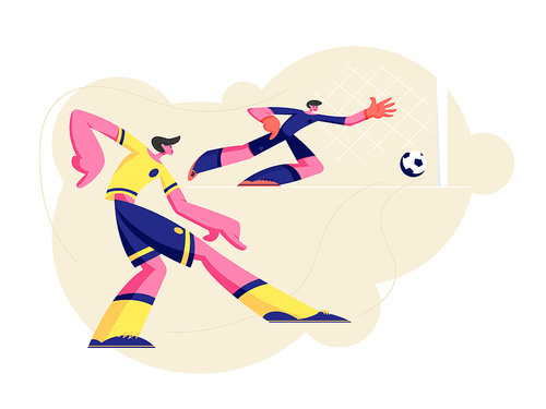 Couple of Young Men Characters in Sports Uniform Practicing Football Game, Soccer Player Kicking Ball, Goalkeeper Catching it in Bounce, Male Take Part in Competition. Cartoon Flat Vector Illustration