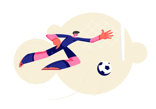 Goalkeeper Bouncing to Catch Ball at Football Competition Game. Soccer Player Defend Attacked Gate, Male Character Jump to Get Ball, Man Engage Sport, Football Player. Cartoon Flat Vector Illustration