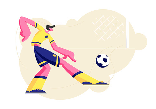 Young Football Player Character in Team Uniform Kicking Ball, Sportsman Training before Competition, Soccer League Tournament. Sport Life, Sportsman in Motion at Game. Cartoon Flat Vector Illustration