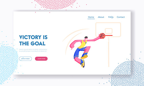 Young Male Basketball Player Score Goal into Basket. Championship or Team Competition, Sportsman in Motion Jumping with Ball. Website Landing Page, Web Page. Cartoon Flat Vector Illustration, Banner