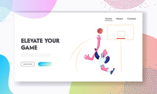 Male Basketball Player in Action Jumping for Reflecting Goal from Basket. Sport Game, Competition Process. Sportsman in Motion. Website Landing Page, Web Page. Cartoon Flat Vector Illustration, Banner