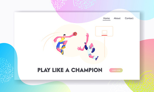 Attacking Basketball Player Trying to Score Goal into Basket, Defender Preventing. Sports Team Tournament, Sportsmen in Game. Website Landing Page, Web Page. Cartoon Flat Vector Illustration, Banner