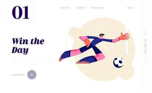 Young Football Goalkeeper in Motion of Side Jump Trying to Catch Ball. Male Soccer Player Bouncing to Get Ball on Tournament. Website Landing Page, Web Page. Cartoon Flat Vector Illustration, Banner