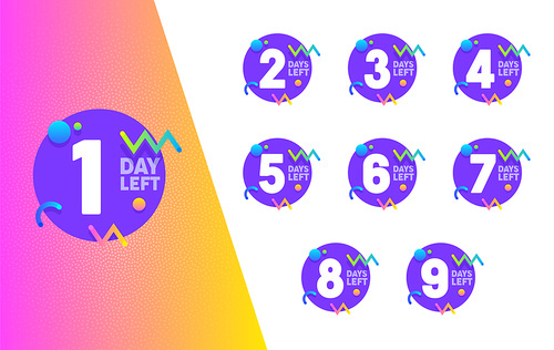 Day Left Counter Purple Circle Badge Set. Advertising Promo Sticker Element Design Collection. Shopping Typography Geometric Count Banner for Business Discount Offer Flat Vector Illustration