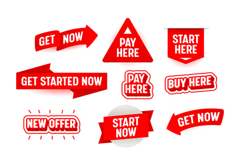 Set of Banners Start Here Now Isolated on White Background. New Offer, Buy and Pay Here Red Signs, Tags or Badges for Web Promotion, Sale Ad, Get Started Stickers or Buttons. Vector Illustration