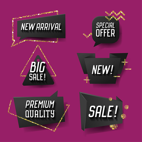 Geometric Trendy Sale Banners, Labels, Tags Template Set. Discount Advertising Design with Golden Glitter Elements. Vector illustration
