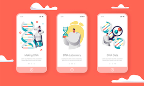 Scientist Group Explore Genome Pair in DNA Cell Mobile App Page Onboard Screen Set. Doctor Test Health Chemistry. Medical Service Website or Web Page. Flat Cartoon Vector Illustration