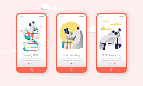 Genome DNA Experimental Lab Character Mobile App Page Onboard Screen Set. Future Healthcare Technology. Binary Pair Medical Science Service Website or Web Page. Flat Cartoon Vector Illustration