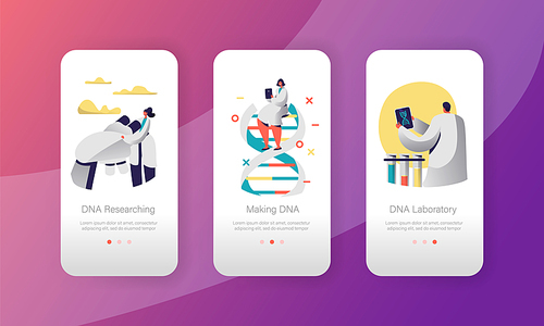 Genome DNA Experimental Laboratory Character Mobile App Page Onboard Screen Set. Healthcare Technology. Man Explore Spiral Structure in Microscope Website or Web Page. Flat Cartoon Vector Illustration