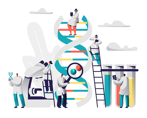 Scientist Group Explore Genome Pair in DNA Cell Image. Female Explorer stay on Ladder watch Microscope. Male Researcher observe Radiograph in front of Test Tube. Flat Vector Cartoon Illustration