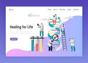 Medical Laboratory Test Dna Data Landing Page. Medical Pharmaceutical Service Equipment for Genome Research. Man Explore Radiograph for Website or Web Page Flat Vector Cartoon Illustration