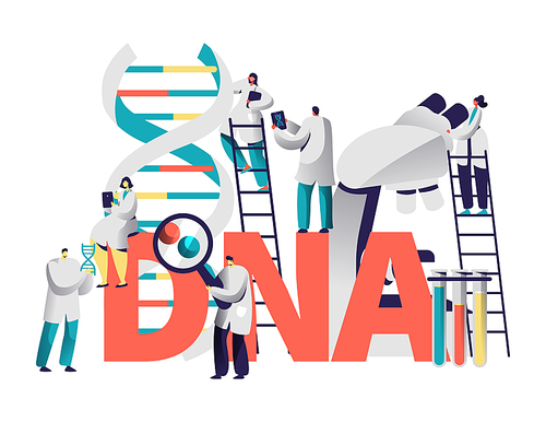 Dna Gene Medical Test Typography Banner. Scientist Team Research Genome in Chemical Laboratory. Man with Magnifier Explore Chromosome Pair Motivation Poster Flat Vector Cartoon Illustration