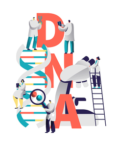 Dna Spiral Medical Equipment Typography Banner. Scientist Character Research Genome in Biology Laboratory. Man with Magnifier Explore Blood Chromosome Letter Poster Flat Vector Cartoon Illustration