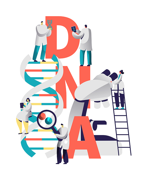 Dna Spiral Medical Equipment Typography Banner. Scientist Character Research Genome in Biology Laboratory. Man with Magnifier Explore Blood Chromosome Letter Poster Flat Vector Cartoon Illustration