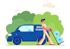 Express Delivery Company Employee on Van Pushing Trolley with Plastic Water Bottles for Home or Office Cooler. Worker Male Character Wearing Uniform Shipping Aqua Cartoon Flat Vector Illustration